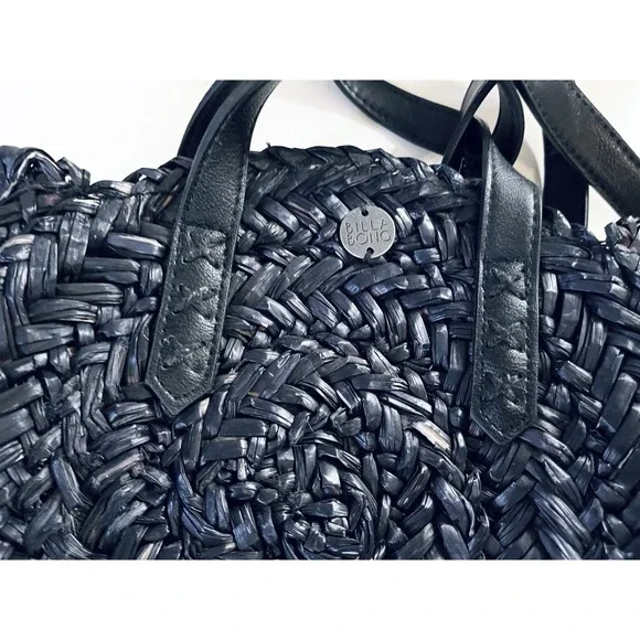 Billabong Braided Woven Circle Lined Bag Black Natural Beach Boho Hippy - Picture 2 of 5